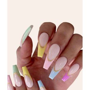 Fake Nails - 24 Long Coffin Pastel French Tip Nails